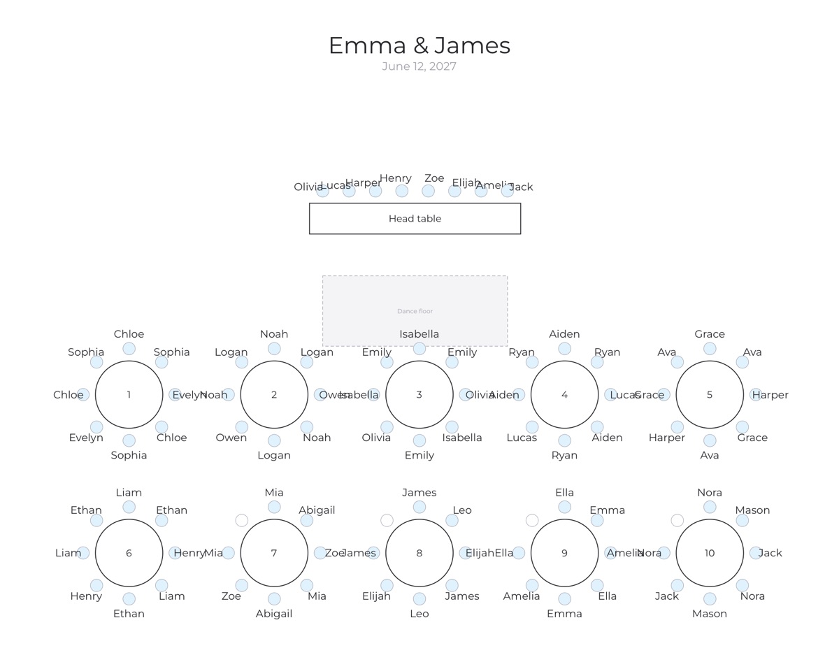 A floor plan with numbered round tables and chairs