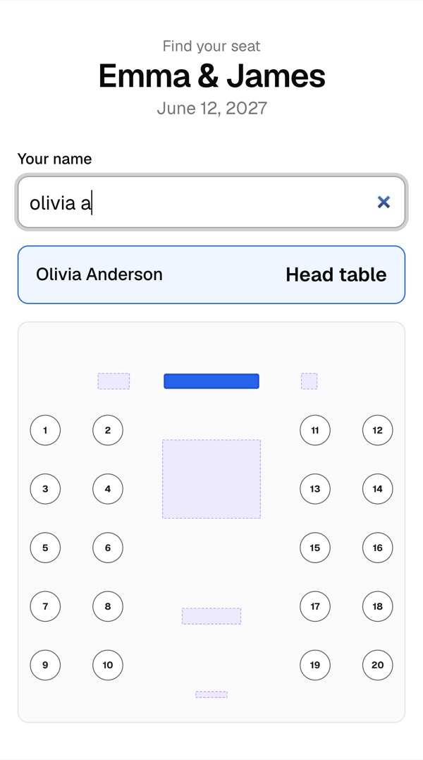 The Find my seat page on a phone: a guest typed “olivia a” and her table is highlighted on the room map