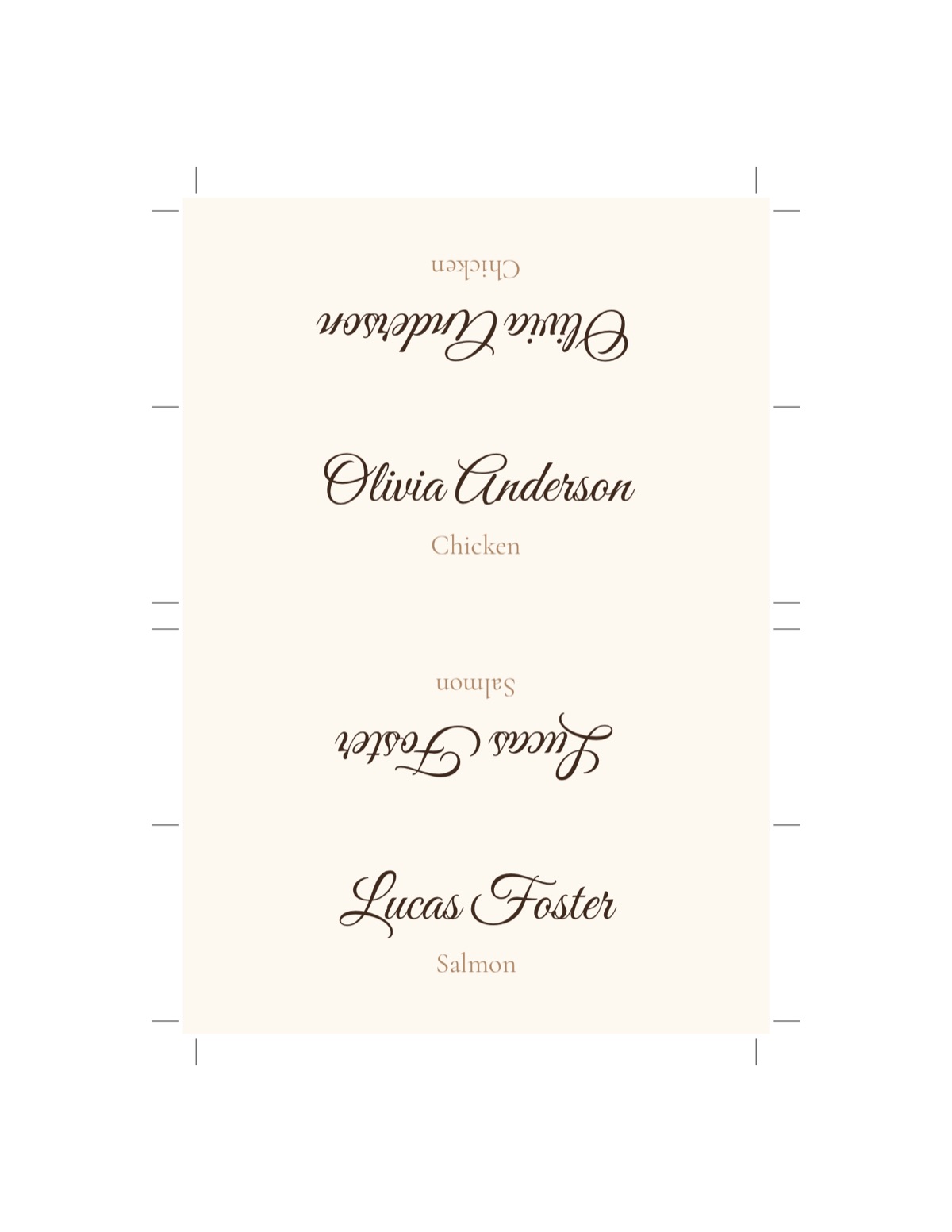 Folded place cards printed two per sheet with crop marks