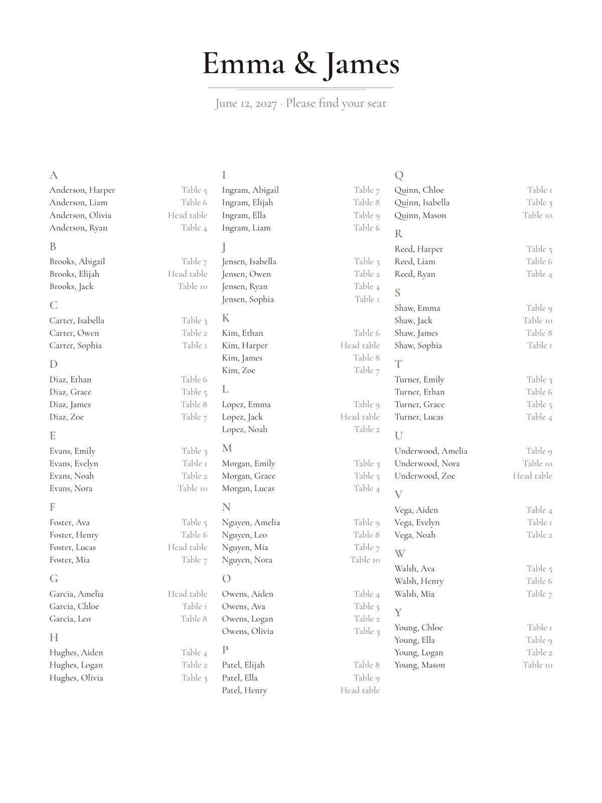 Seating chart poster generated from a guest list